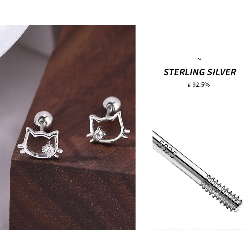 925 Sterling Silver Cat Animal Stud Earrings for Girls Cute Hollow Zircon Mini Korean Screw Earring Lady Student Jewelry Gift