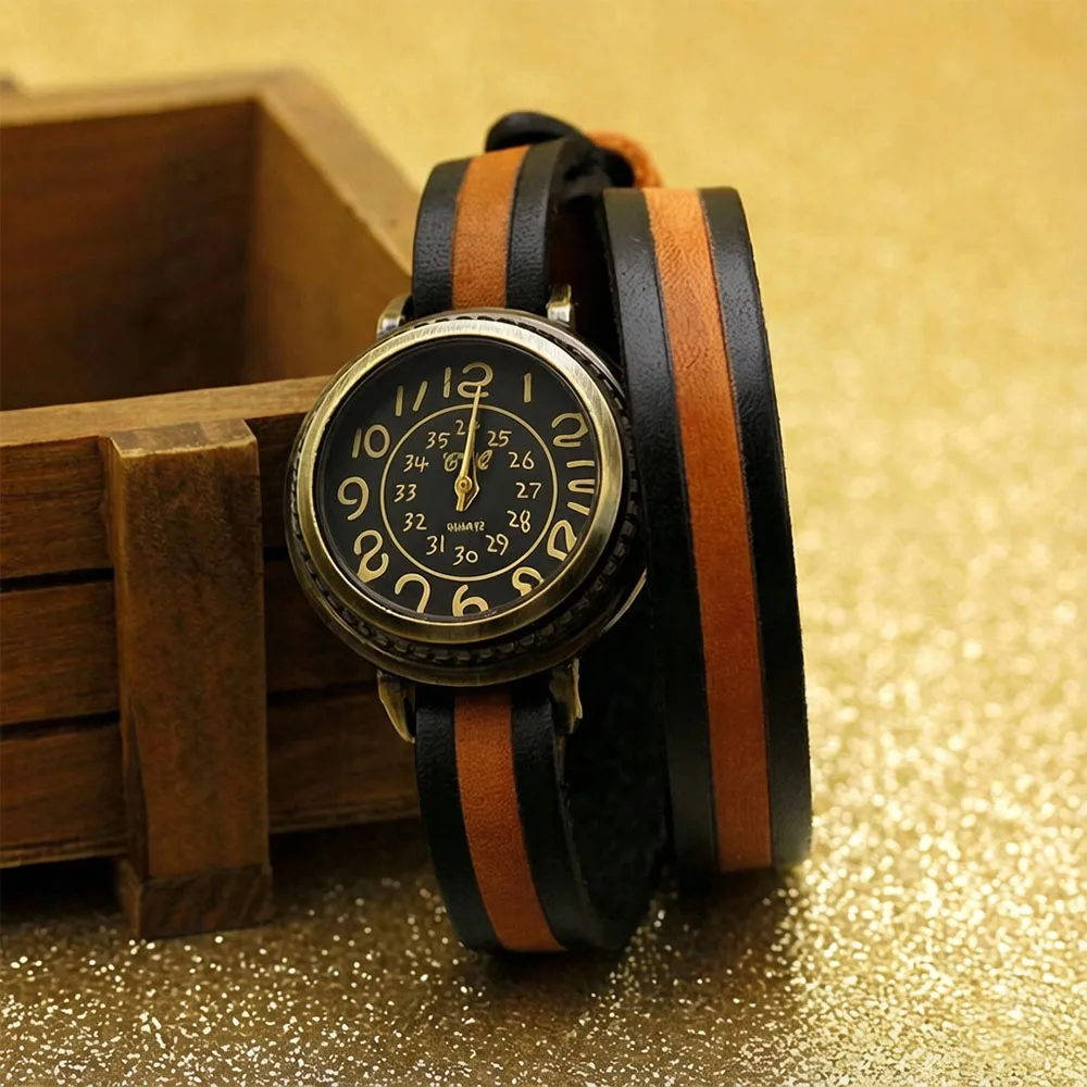 Fashion Ladies Antique Bronze Watch Real Leather Multi-Layer Wrap Strap Quartz Movement Casual Wrist Watch