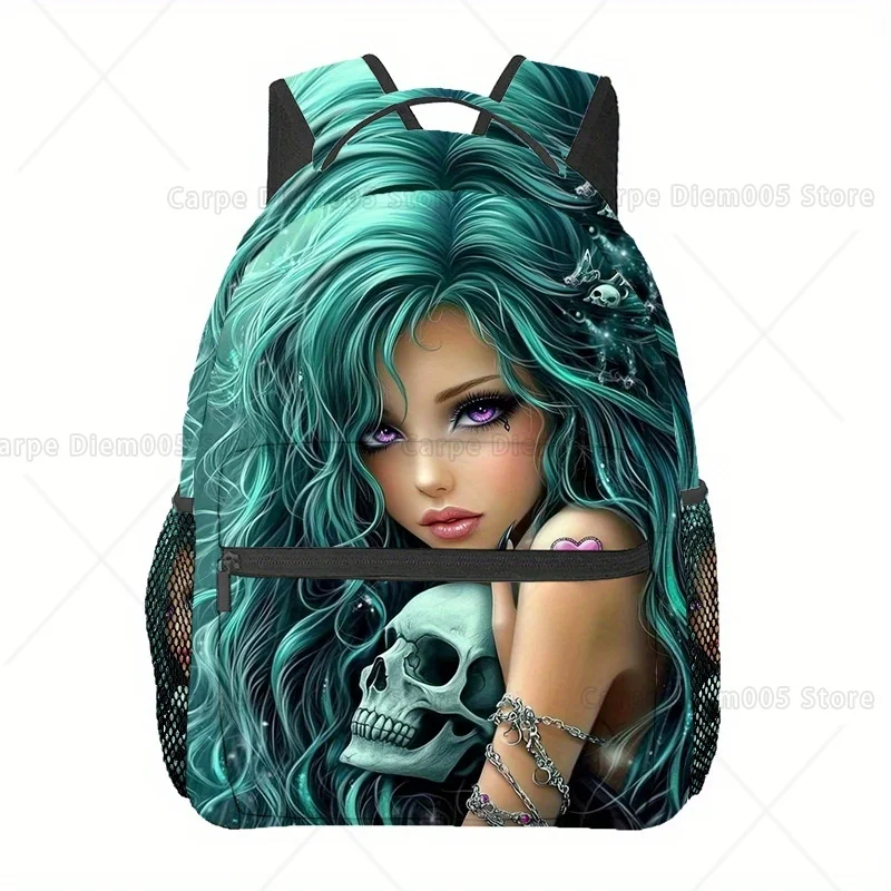 

Gothic Skull Girl Teal Hair Print Backpack Lightweight Foldable Daypack with Adjustable Padded Straps, Durable Polyester