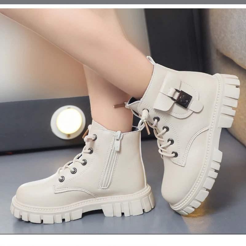 Children Shoes White Girls Boot Fashion Leather Autumn Kids Casual Shoes Sneaker Non-slip Soft Sole Laces Shorts Boots for Girl