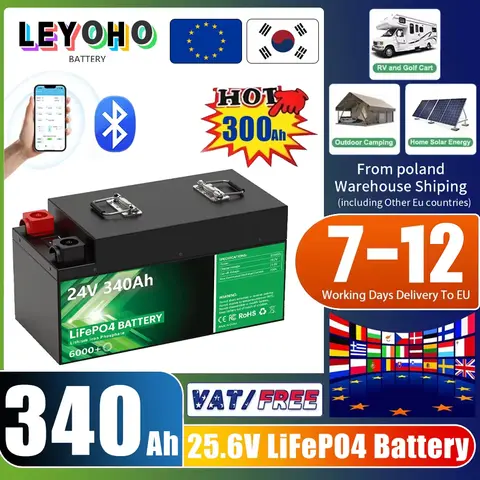 LiFePO4 배터리 24V 340Ah 8.7Kwh 6000+ 사이클 블루투스 25.6V 300Ah 200Ah 100Ah 가정용 태양광 RV 골프 카트 리튬 배터리 유럽 재고