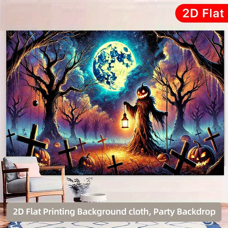 Banner de poliéster con escena nocturna de espantapájaros de Halloween, plano 2D, 1 unidad, Spooky Jack-O'-Lanterns, bosque embrujado con murciélagos completos y