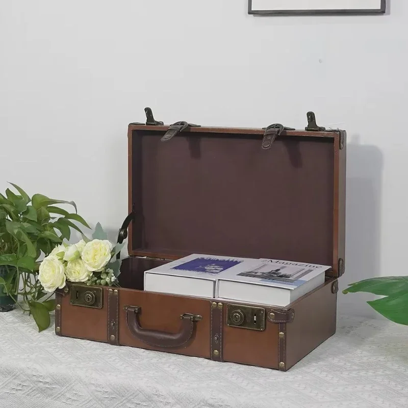 British Vintage European Leather Travel Storage Box Classic Multifunctional Wooden Rectangle Luggage
