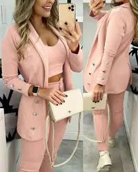 Spring 2023 New Elegant Suit Jacket Matching Set Women's Two-Piece Set Shawl Neck Buttoned & Pants Set Female Professional Suit