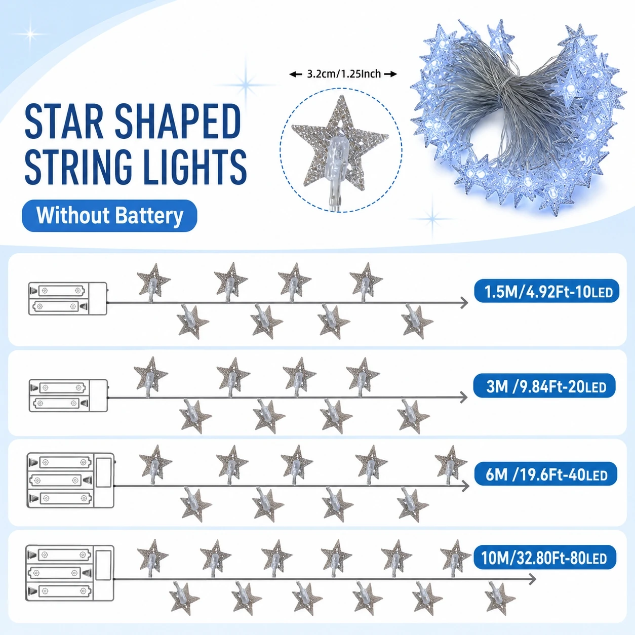 Battery Box Star String Light 1.5/3/6/10M 10/20/40/80LED Warm White Color Fairy Light Indoor Home Party Christmas Wedding Decor