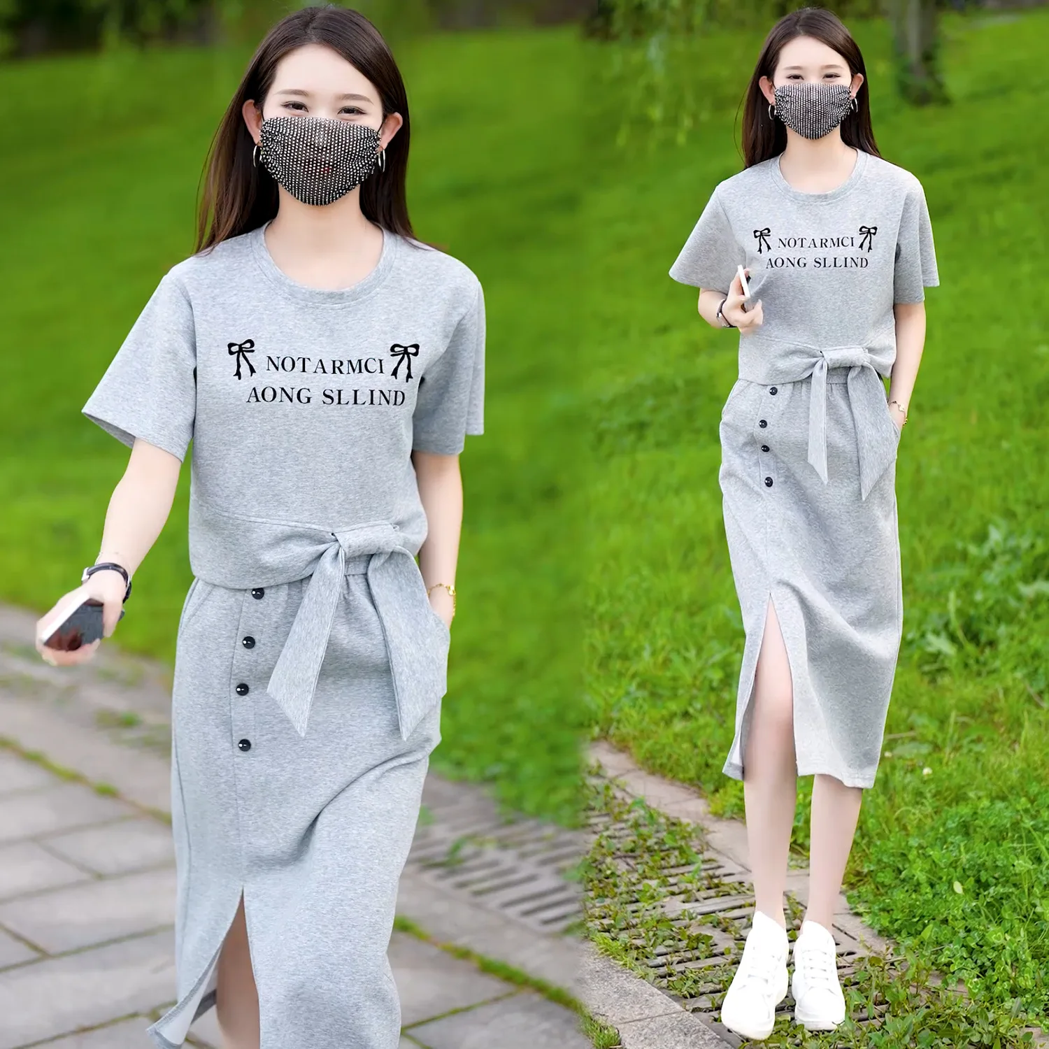 

Bow Casual Fashion Sportwear Suit Monet Garden Style Skirt Wear Foreign Style Age Reduction Two-piece Dress Women