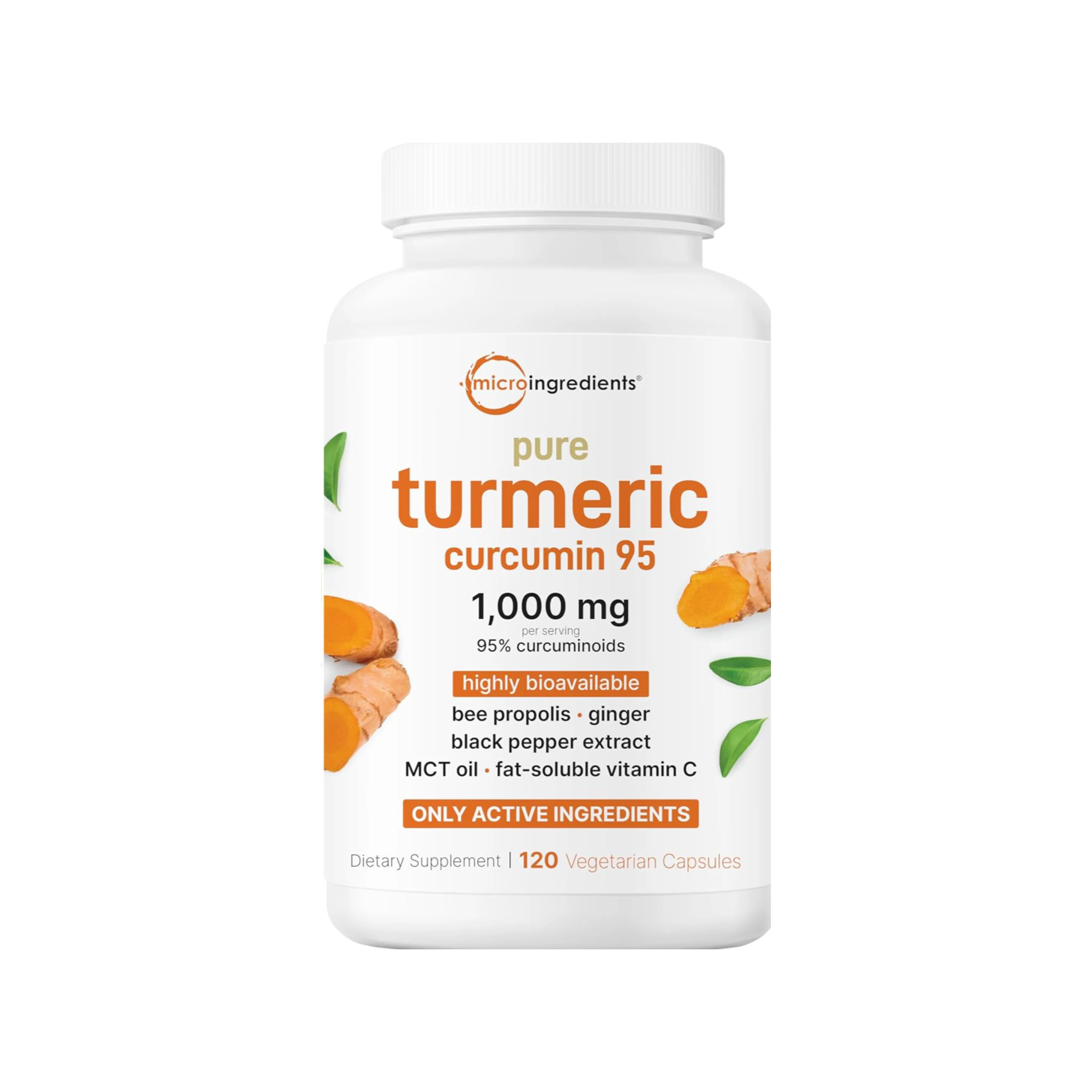 Pure Turmeric Curcumin Supplement 1,000mg | 95% Curcuminoids | 120 Veggie Capsules with Bee Propolis, Ginger, MCT Oil, Fat Solub