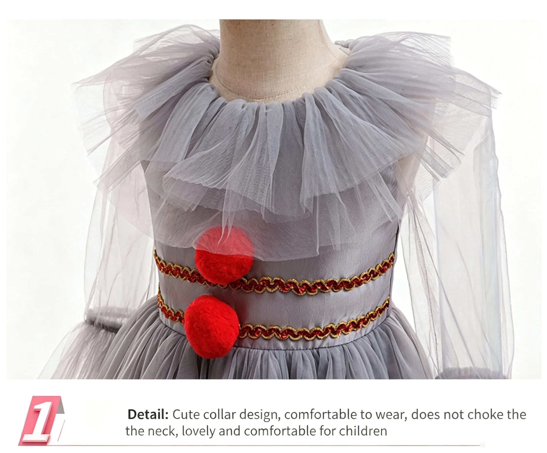 Graues Clown-Kostümkleid für kleine Mädchen mit langen transparenten Netzärmeln und roten Pompons für Kinder, Halloween, Karneval, Geburtstagsfeier. – Detail 16