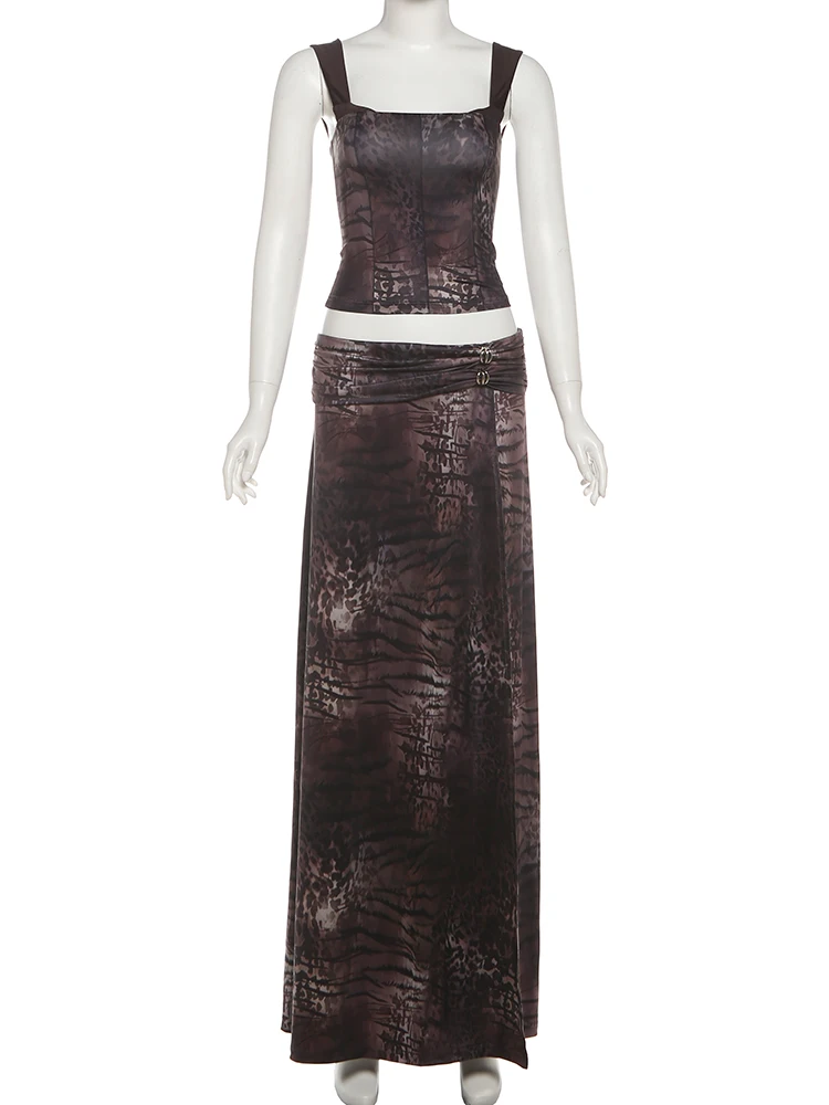 Weird Puss Sexy Tiger Print 2-teiliges Set für Damen, quadratischer Kragen, gerafft, ärmelloses Tank-Top + Metallschnalle, gerüschte Röcke, Straßenanzüge