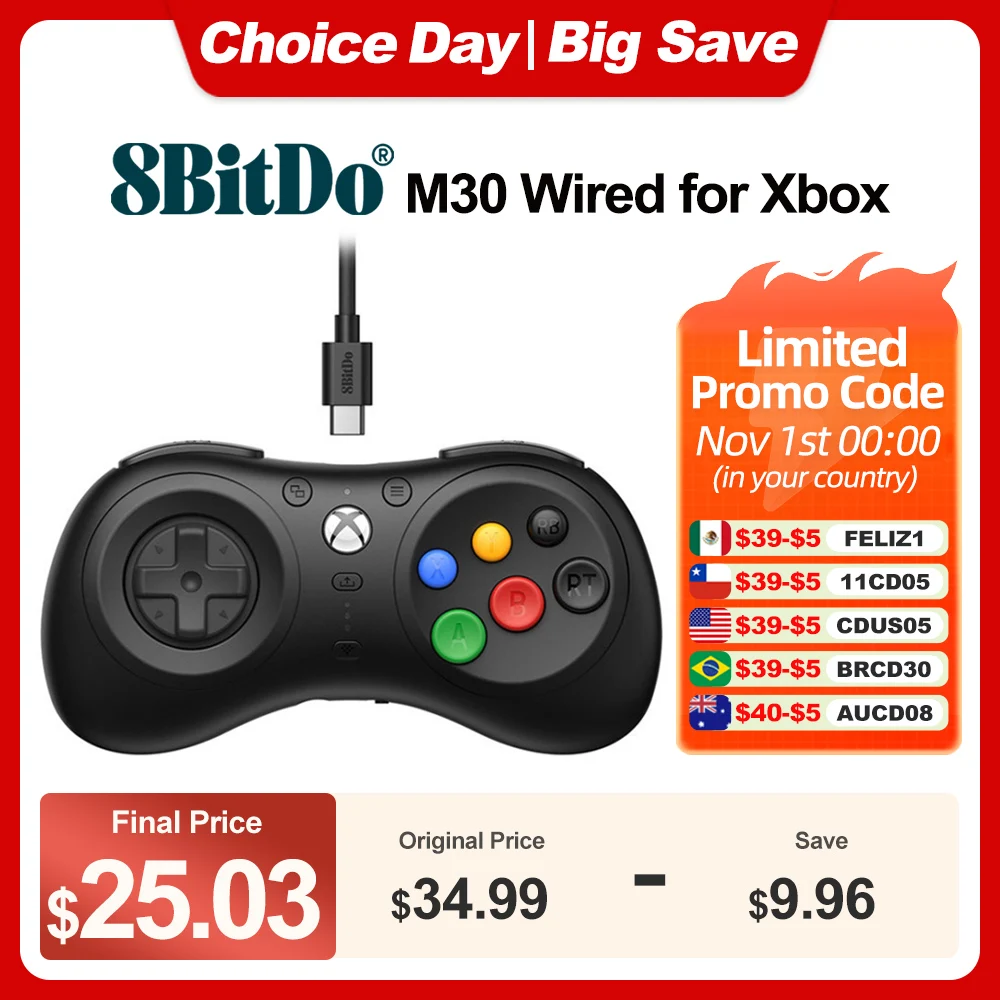 

8BitDo M30 Wired Gaming Controller Gamepad for Xbox One Series X S and Windows PC with 6-Button Layout Xbox Officially Licensed