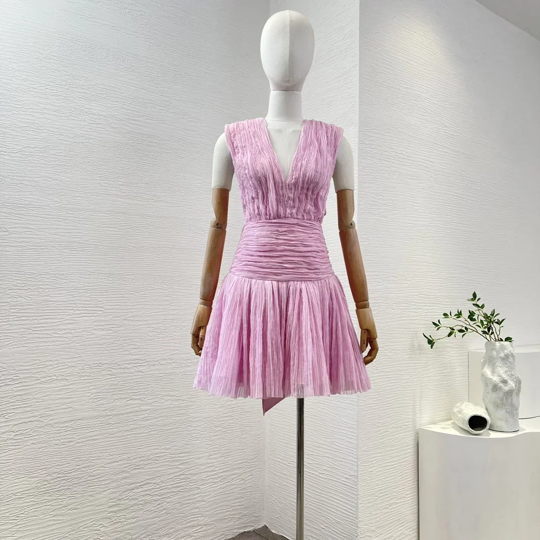 

New Arrival Pink Ruched Pleat Backless Cross Self Bow Tie V-neck Pleats Sexy Sleeveless Women Sweet Mini Dress