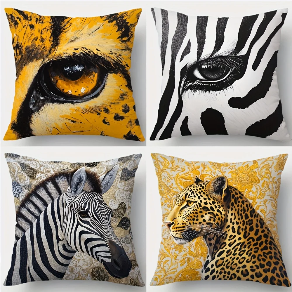 4pcs Animal Print Pillowcases - Cheetah & Zebra Patterns, Modern Contemporary Style, Soft Light Beige Fabric, 17.7x17.7 Inch Squ