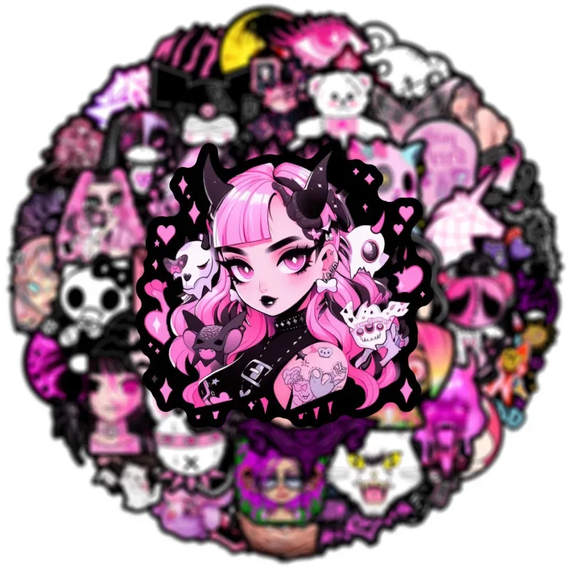 10/25/50Pcs Cartoon Punk Girl Pink and Black Horror Doll Stickers Cool Graffiti Waterproof Sticker