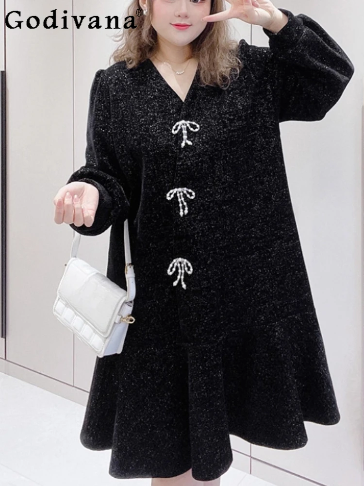 Große Größe Weiblichen Frühling Herbst Spleißen Rüschen Elegante V-ausschnitt A-linie Fee Kleid Süße Lose Langarm Schwarz Freizeit Kleider