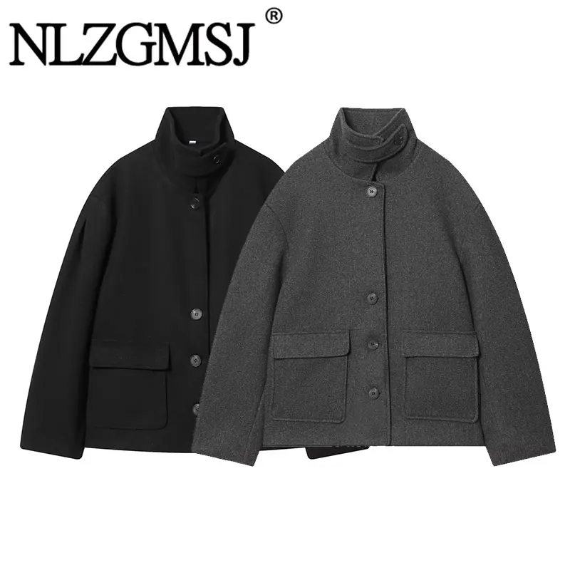 NLZGMSJ Vintage Casual Chic Women Overcoat Solid Pockets Single-breasted Stand Collar Coat New Fashion 2026 Winter Holiday Coats