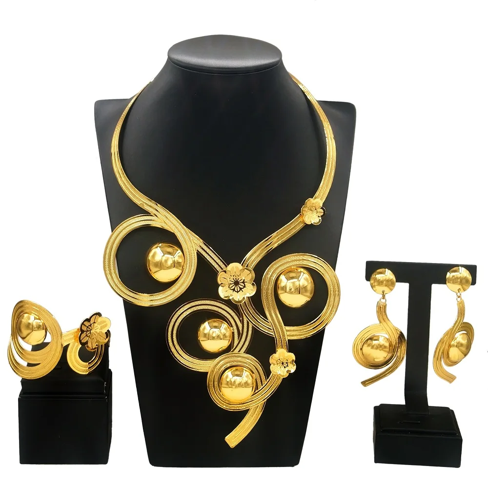 Yulaili Flower Pendant Necklace Big Size Gold Plated Brazilian Jewelry Set for Women Party Banquet Accessories NH00046