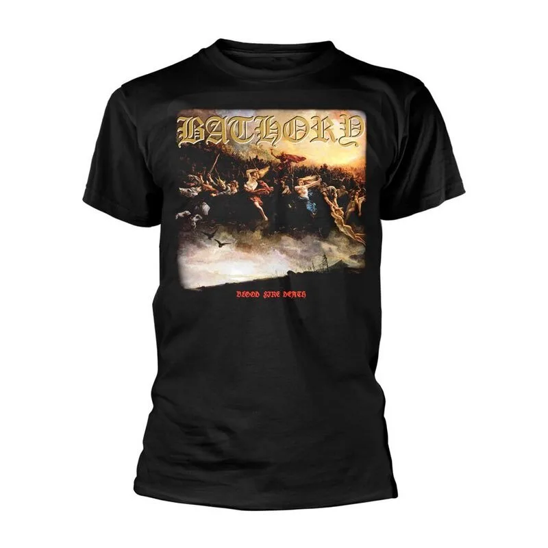 Camiseta de algodón con estampado de pintura Bathory Blood Fire Death War, ropa informal de metal negra, camiseta de manga corta con cuello redondo unisex