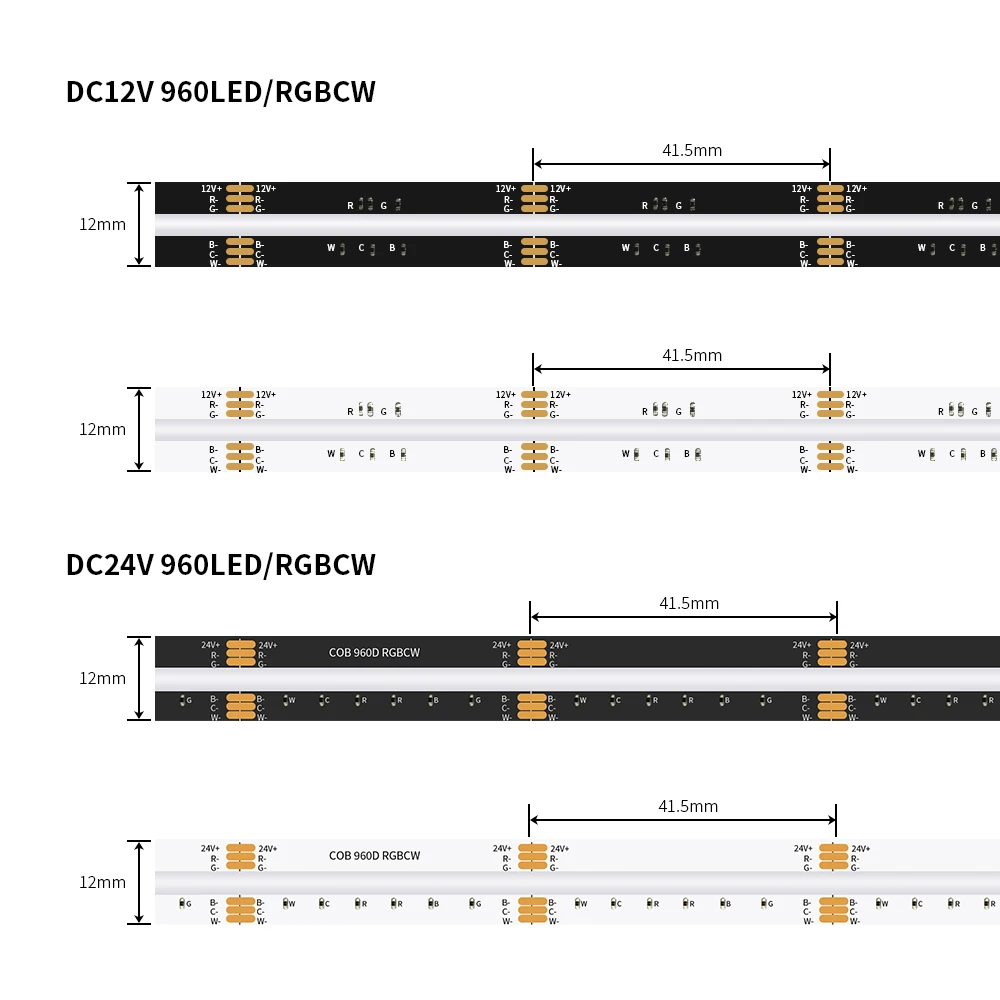 COB RGBCCT LED قطاع ضوء 6Pin 12 مللي متر DC12V/24 فولت 960 المصابيح/م RGB CW WW فوب مرنة COB أضواء خطية عالية الكثافة RA90 عكس الضوء 18 واط