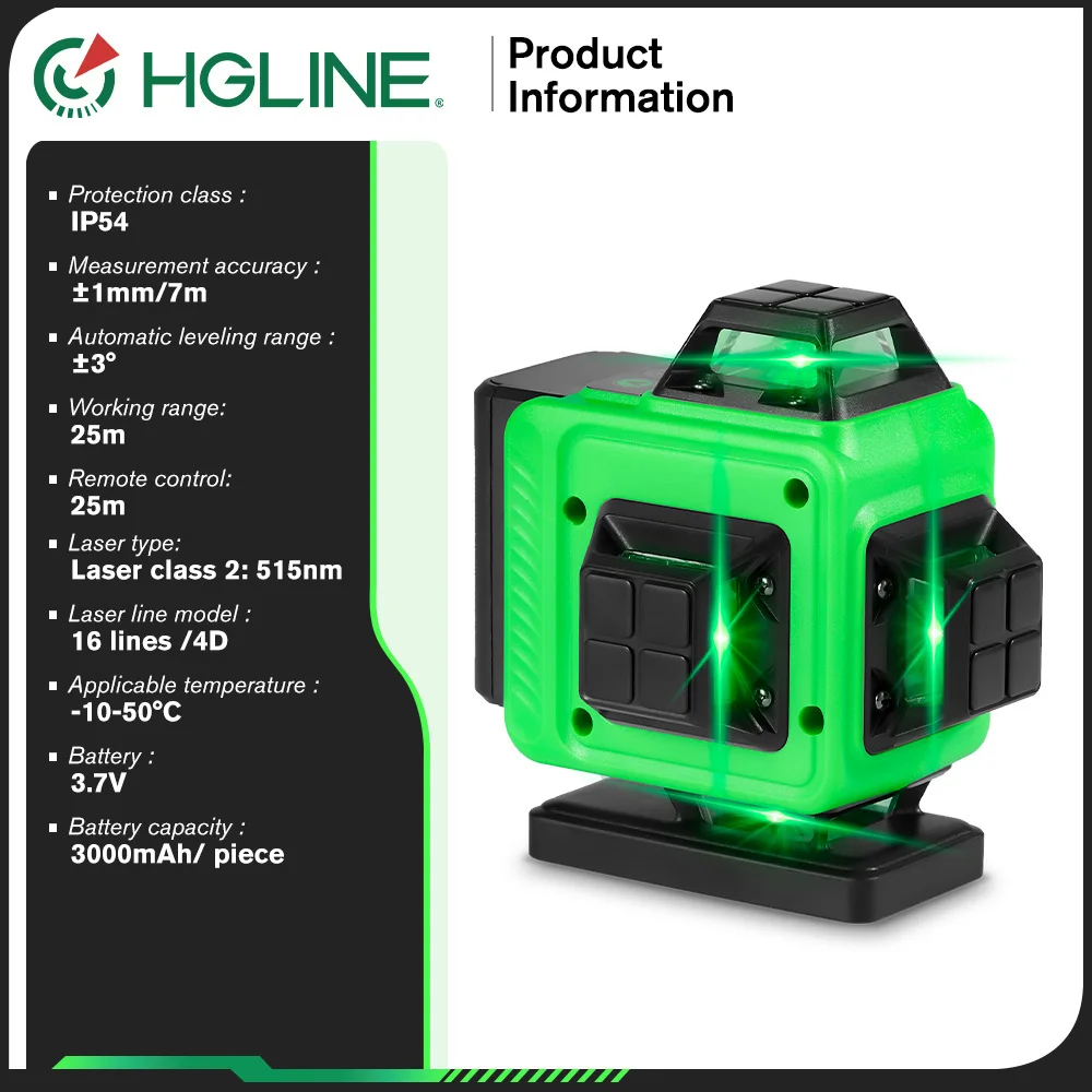 HGLINE Mini 4D/3D 16/12 Lines Laser Level Cordless 4x360° Cross Self-Leveling Measurement Construction Tool With 2pcs Batteries