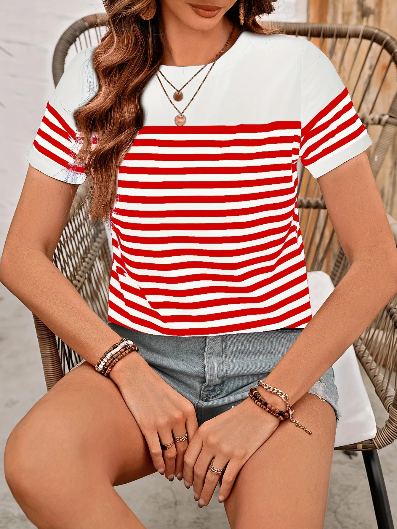 Fashion Stripe 3D Print T-Shirts Women Crew Neck Casual Short Sleeve T Shirt Streetwear Harajuku Tees Y2k Tops Female Clothing