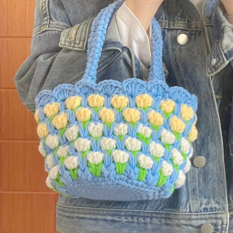 NEW Knit Handbag Handmade Woven Tulip Flower Small Fresh Storage Bag Fashion Outdoor Travel Bento Bag Shopper Commute All-match