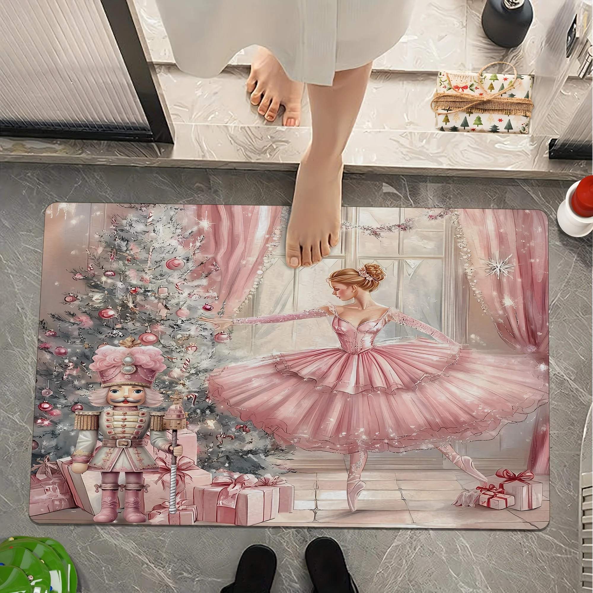 Deluxe Pink Fairy Nutcracker Christmas Themed Bathroom Non-silp Doormat Suitable for Livingroom Home Decoration Accessories Pads