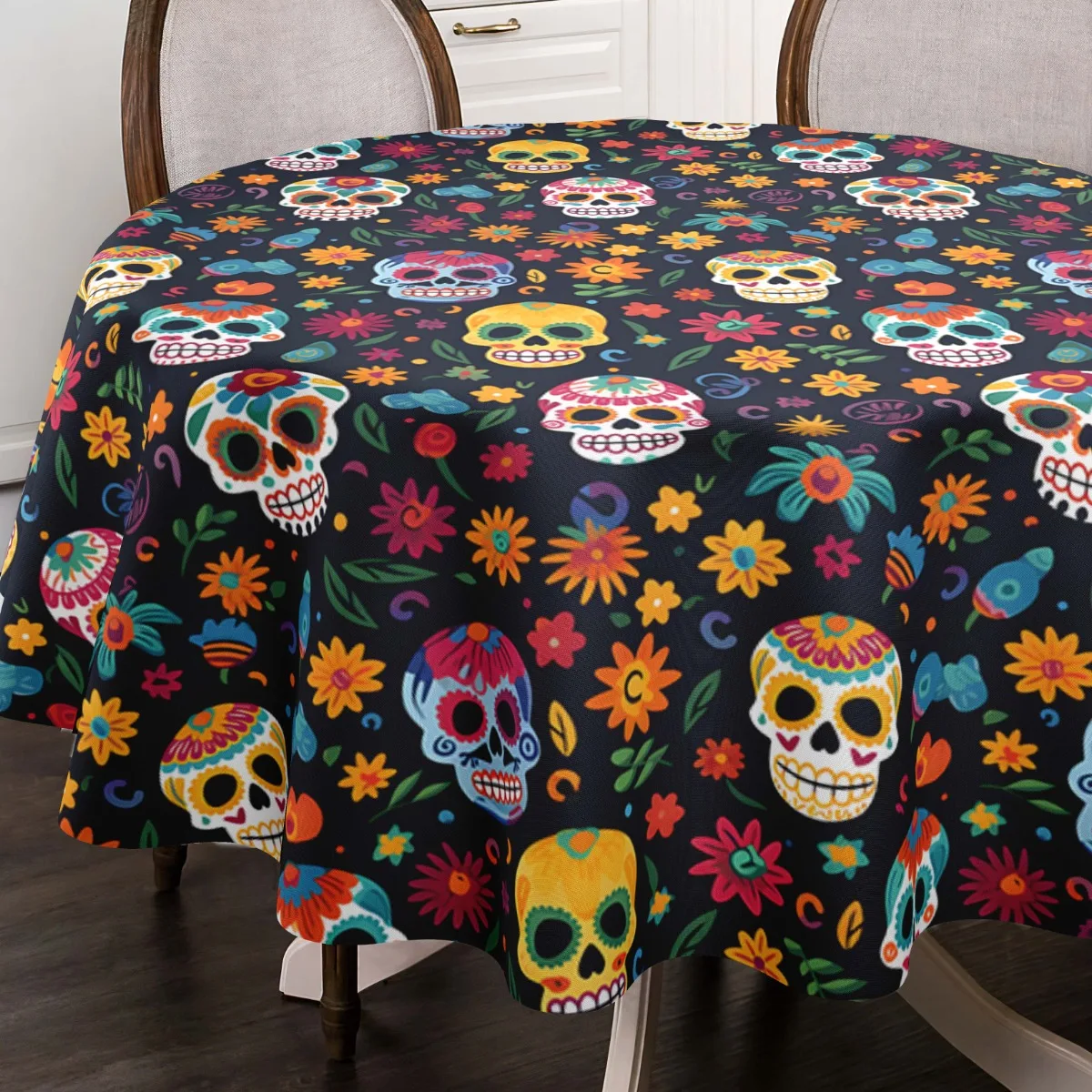 One Mexican festival tablecloth - vibrant sugar skulls and floral patterns in red, black and green colorszyc