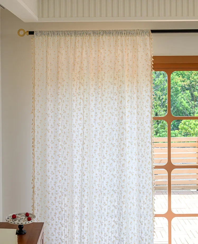 Boho Daisy Floral Cotton Curtains with Tassels Rod Pocket Kitchen Curtain, Living Room Farmhouse Rustic Bohemian Window Curtain