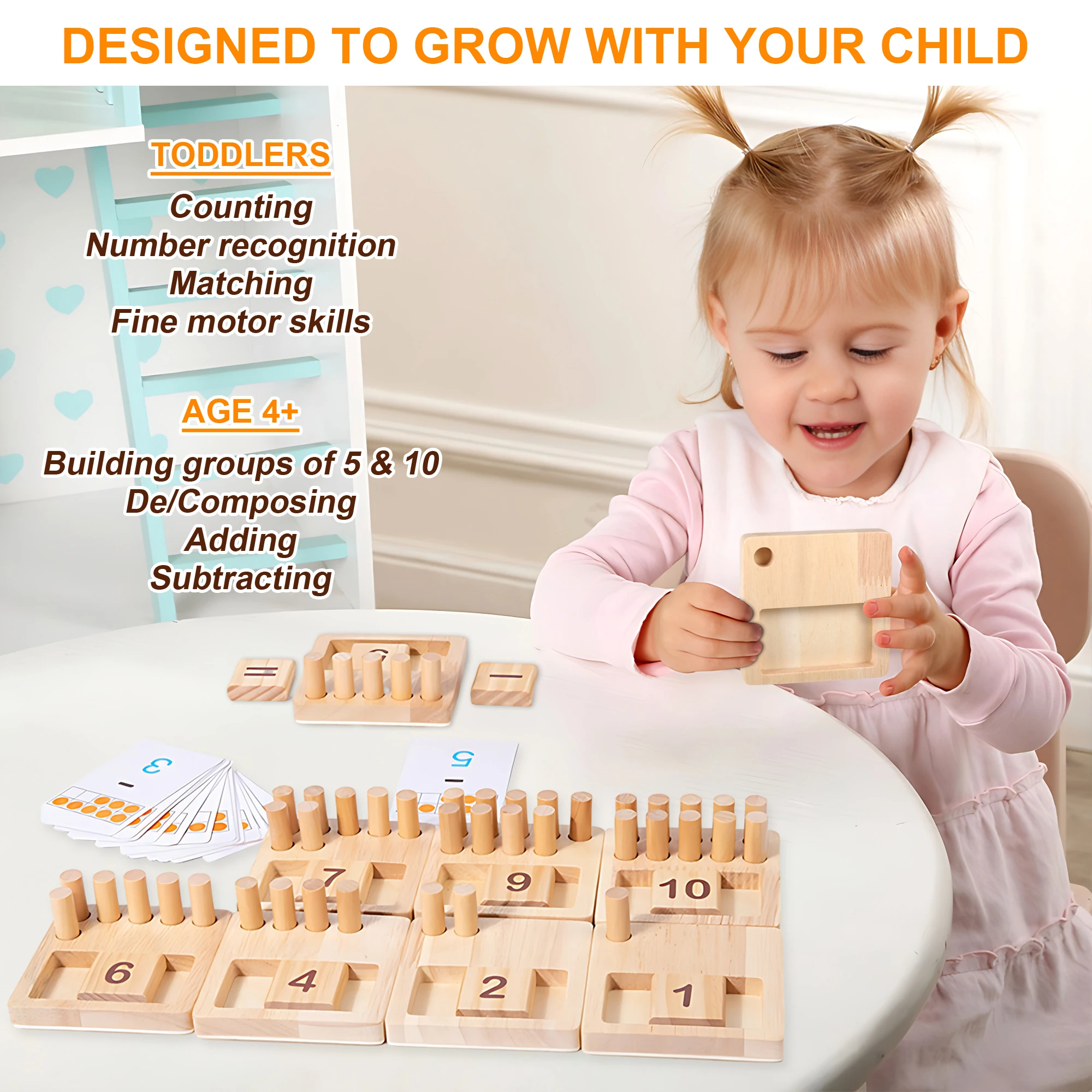 Children Learning Educational Toys Toddlers Preschool Montessori Wooden Sensory Math Board Stick Counting Matching Number Blocks