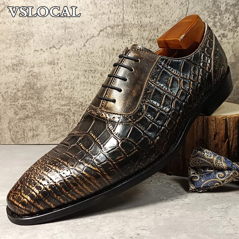 

Luxury Brand Men Oxford Shoes Lace-up Crocodile Print Casual Men Classic Dress Shoes Banquet Party Leather Shoes For Men