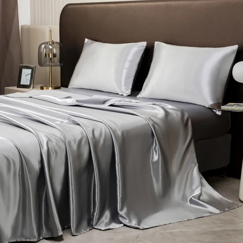 Luxury Satin Flat Sheet and Pillowcase Set Solid Color Soft Silky Flat Bed Sheet for Bedroom Full Queen King Size Bedding Sets