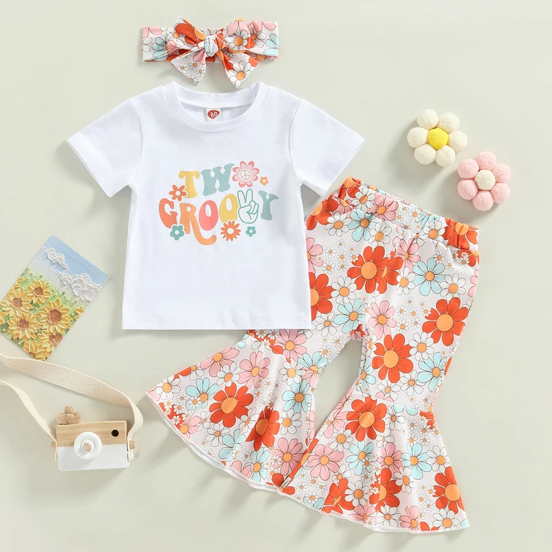 Toddler Baby Girls Pants Set Crew Neck Short Sleeve Letters Print T-shirt with Flower Print Flare Pants and Hairband