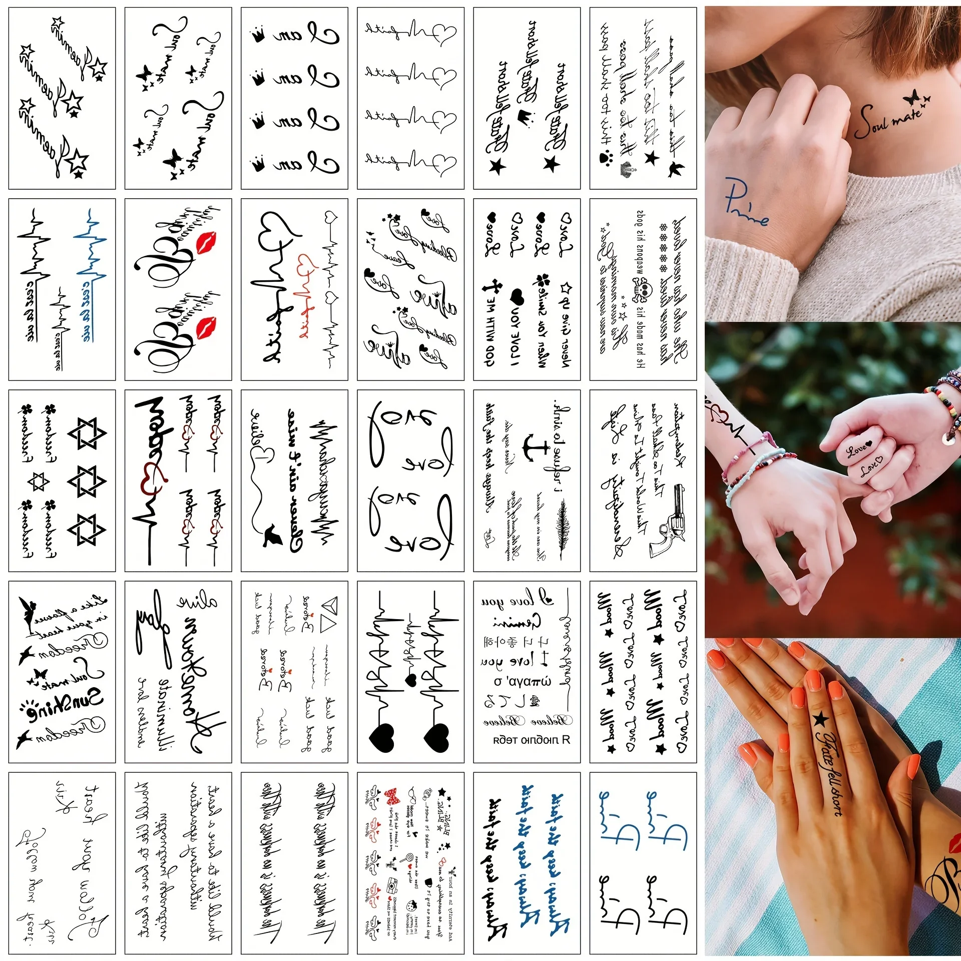 30pcs/pack Temporary Tatoo for Men Women Inspiration Text English Writing Star Transfer Tattoo Adhesive Hand  Neck Thigh Ankle