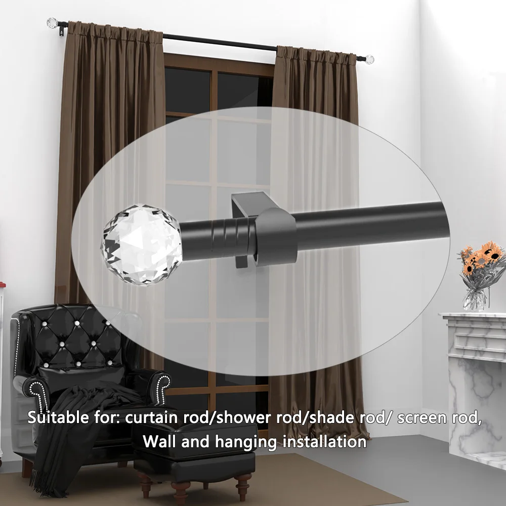 Decoración del hogar, 0. Varillas de cortina negras empalmadas de hierro de 63 pulgadas/varillas romanas, varillas de cortina con cabeza decorativa de cristal transparente, juego de soporte de barra de cortina, fácil de instalar, se puede instalar en la p