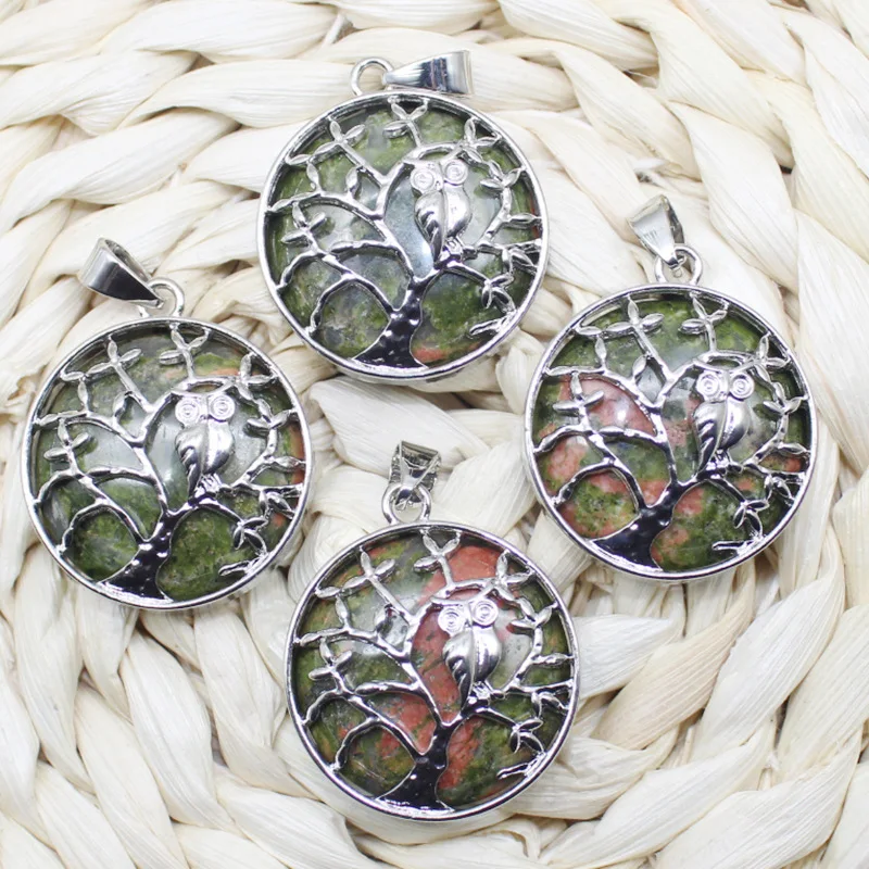 1-piece alloy Tree of Life Owl Cutout alloy set with round natural stone pendant