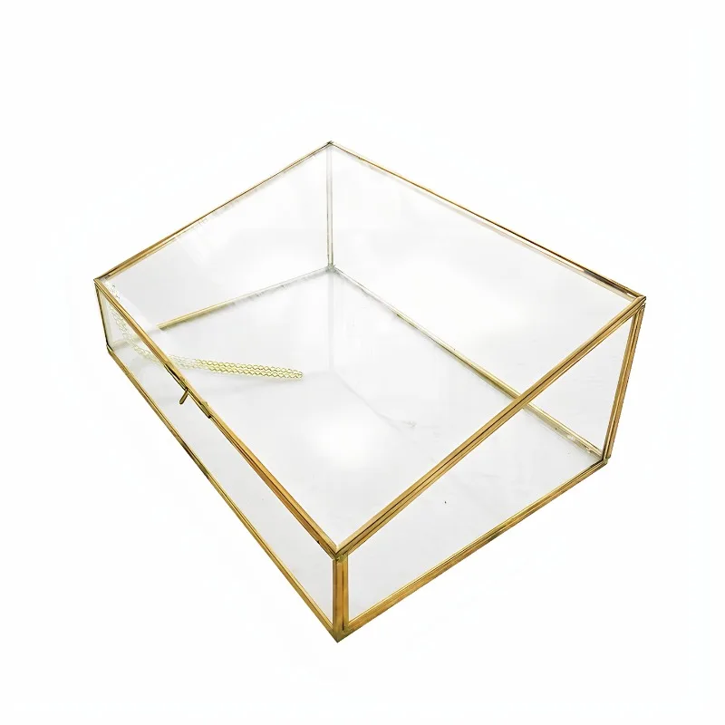 Vintage Clear Glass Jewelry Box Brass with Copper Edges Lockable Storage Case Specimen Collectibles Display Makeup Organizers