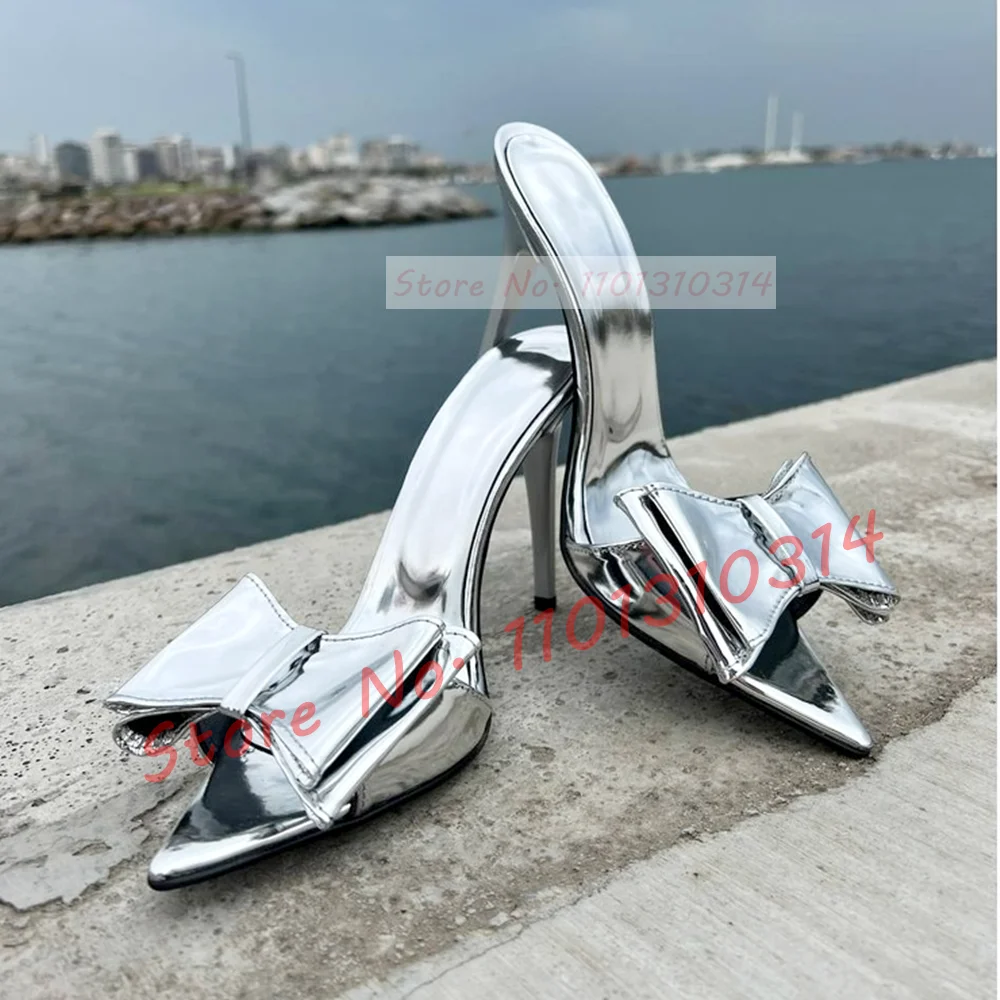 Lucido Patent Bowknot Mules Hot Women tacchi a spillo alti pantofole a punta aperte da donna Showy Outdoor Summer Party Chic Shoes