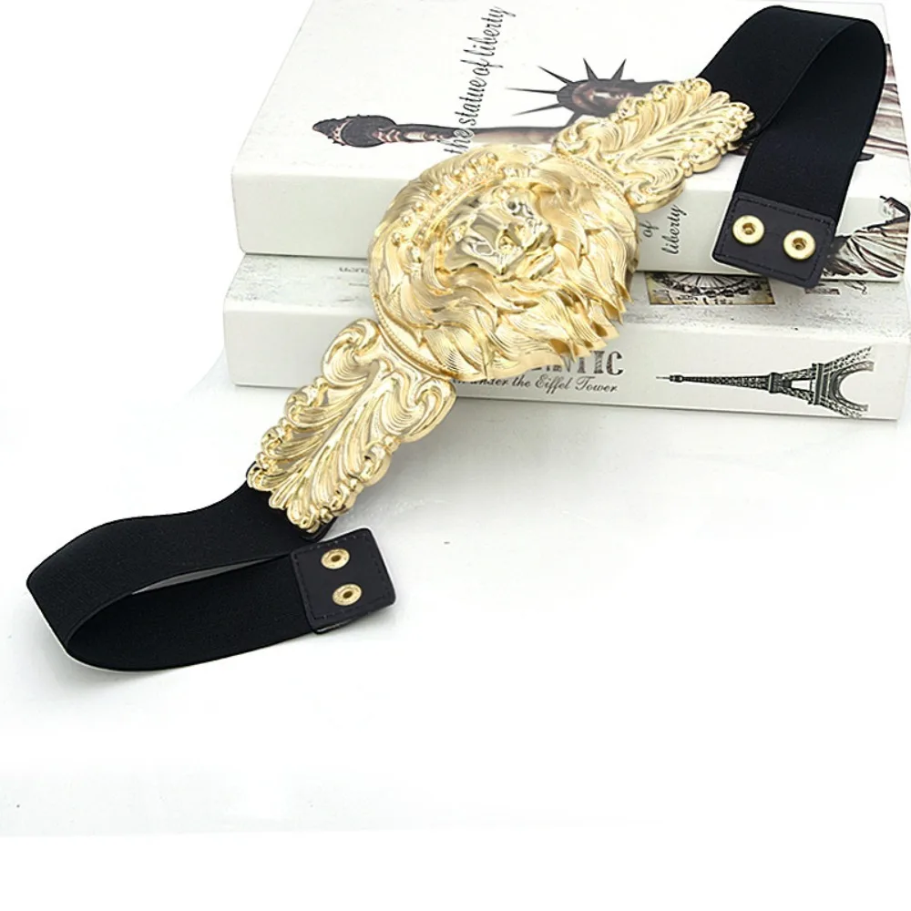 

Brand New Faux Leather Metal Wide Waistband Alloy Buckle Golden Lion Waist Cover Metal Avatar with Wide Waistband