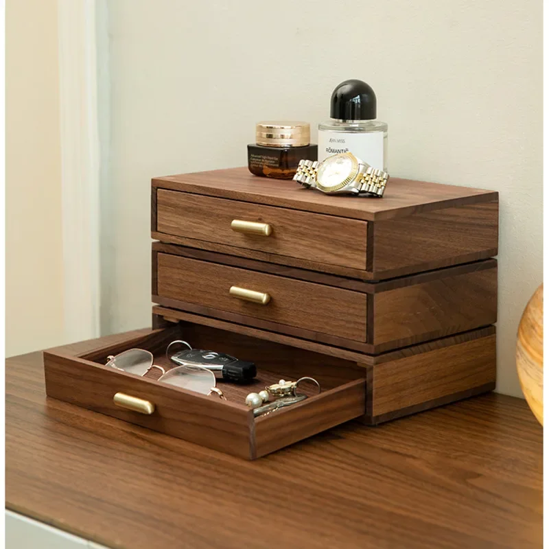 Advanced Sense Walnut Wood Storage Drawer Multilayered Cosmetic Box Retro Light Luxury Desk Organizer Brass Handle Jewelry Case