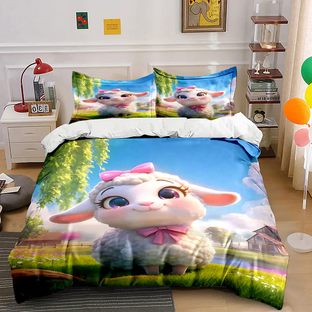Cute lamb with pink bow on farm scene Printed Duvet Cover Set 1 Duvet Cover+2 Pillowcase Multi Size Bedroom Bedding Decoration