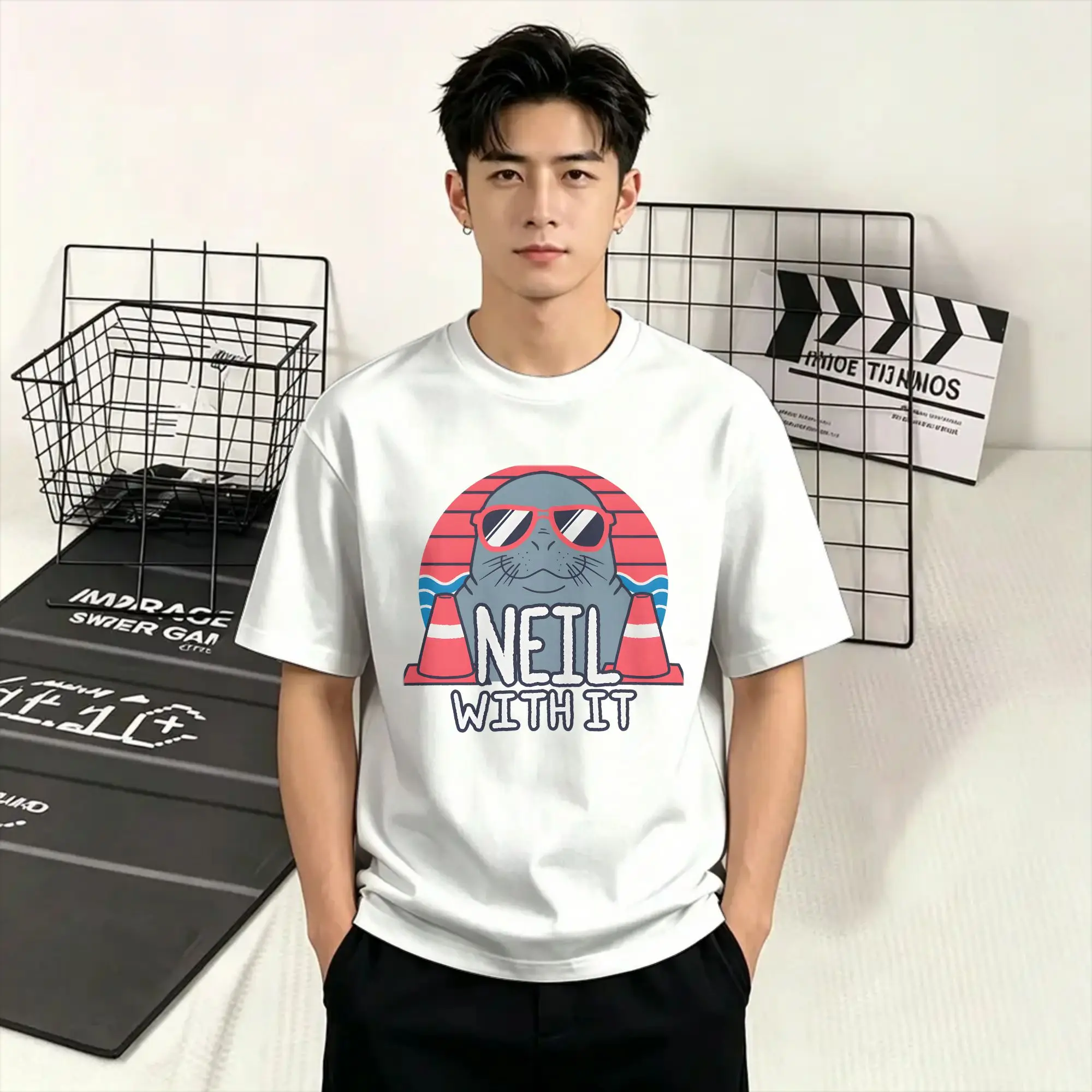 Men T-Shirts Neil The Seal  Creative Pure Cotton Tee Shirt Short Sleeve Deal With It  T Shirt Round Collar Clothing Plus Size