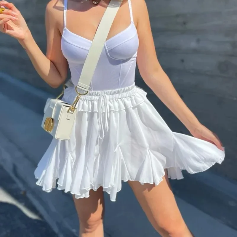 2024 New Casual Summer White Mini Skirt Women Fashion Streetwear Cute Sexy Irregular Ruffles Skirt Beach Holiday Outfit
