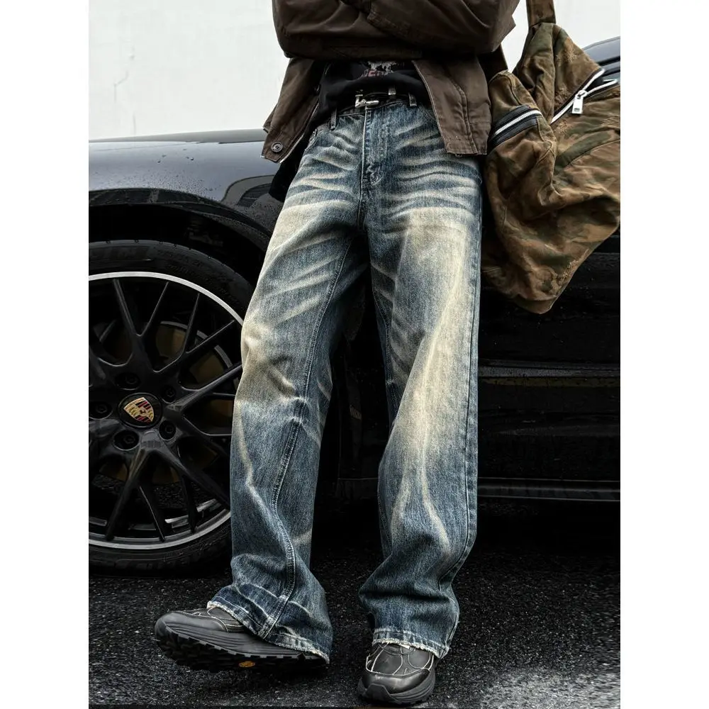 Men's Retro Water Ripple Cat Whisker Jeans Street Vibe Casual Pants High Waist Y2k Trousers