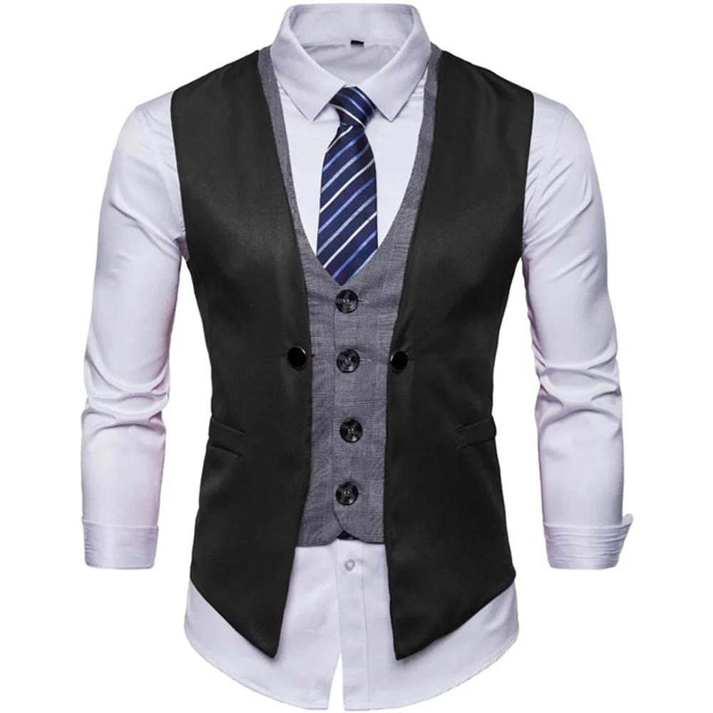 V Neck Fake Two-piece Slim Fitting Polyester Fiber Men\'s Vest Single Breasted Fashionable Men\'s Vest Business Casual  Waistcoat