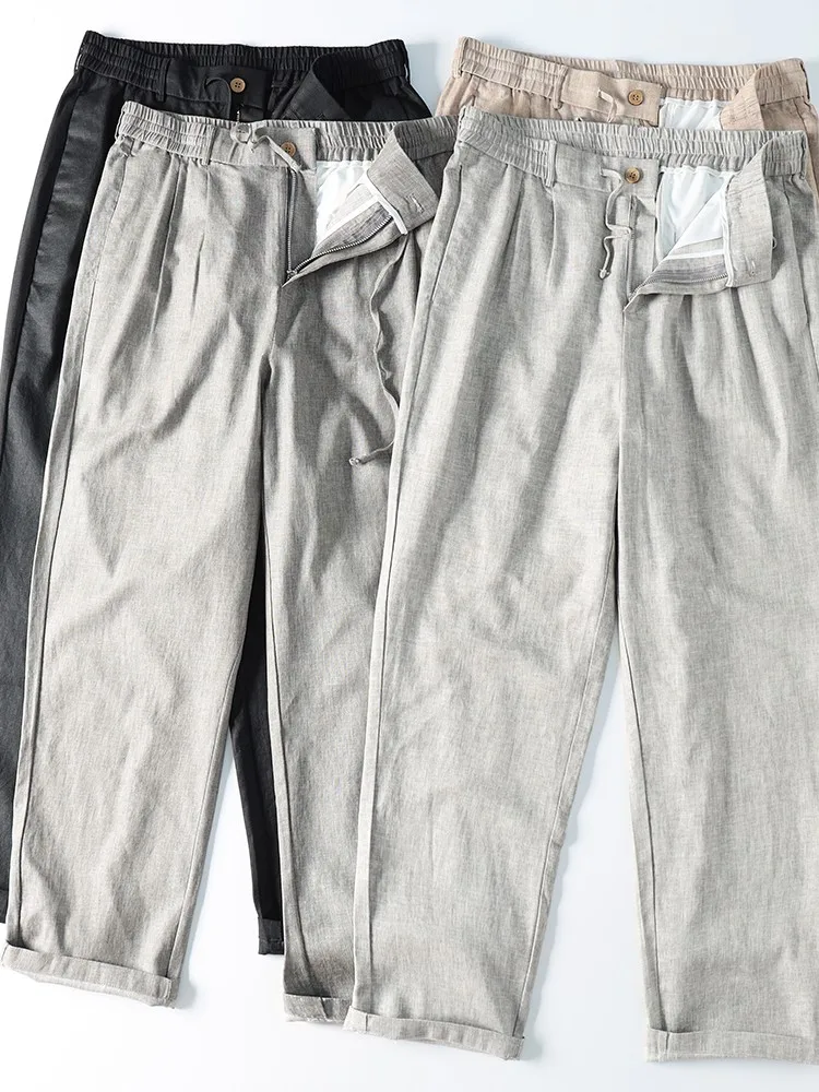 ฤดูร้อนทุกวัน Mens Retro Casual ผ้าลินินกางเกงเอวยางยืดขาตรงความยาวเต็มกางเกง Cool Breathable แฟชั่นกางเกงยาว