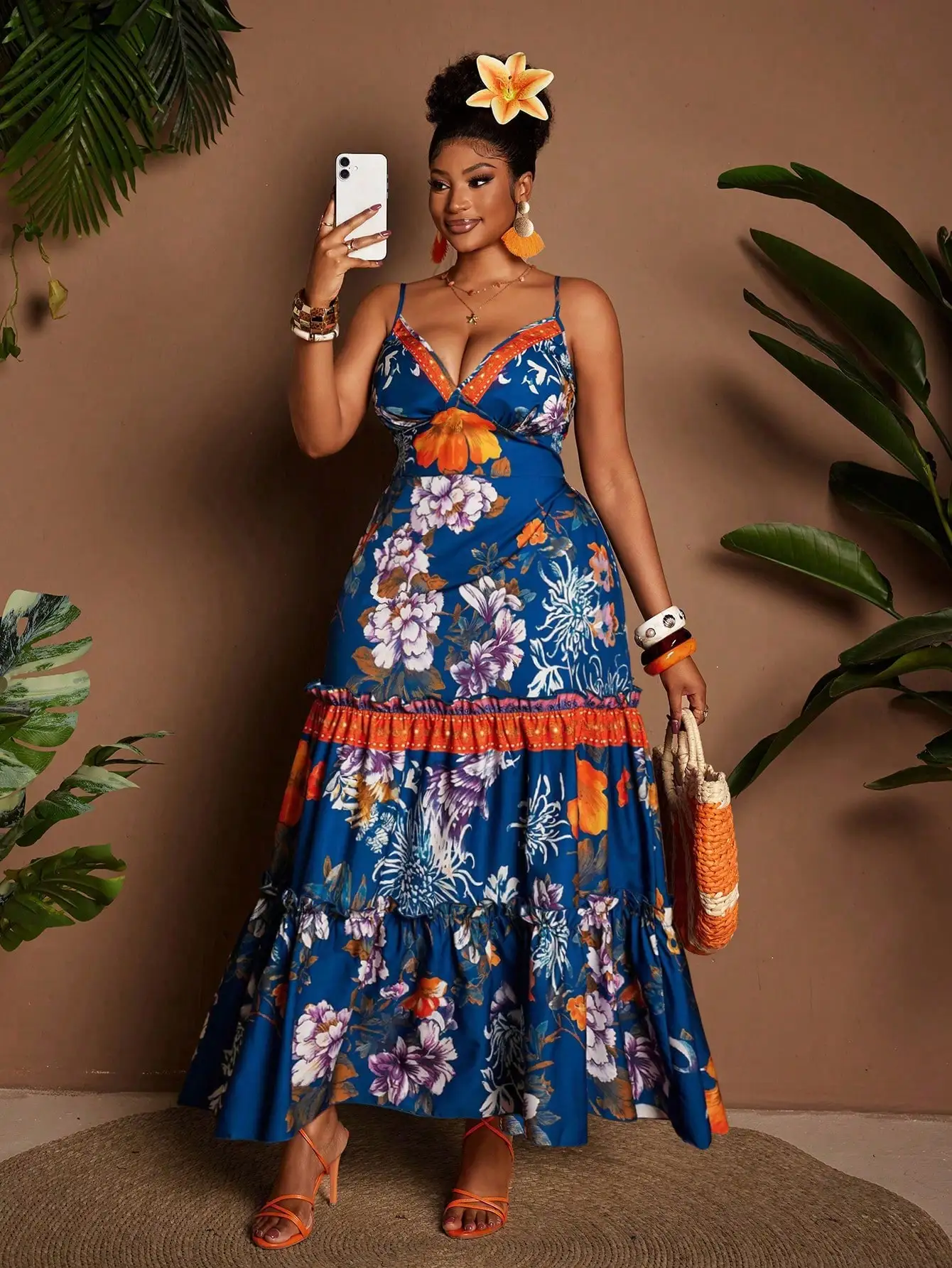

Women Blue Floral Print Ruffled Tiered Maxi Dress Spaghetti Strap Vacation Beach Summer Outfit