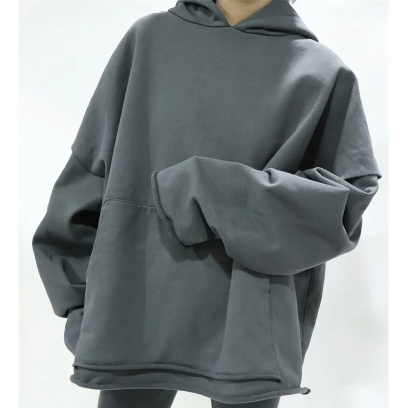 Greg Kanye Double Layer Heavyweight Fit Hooded Pullover with Raw Edges Sweater Grey