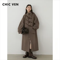 CHIC VEN Women Long Woolen Coats Single Breasted Loose Stand Collar Cow Horn Buttoned Office Ladies Overcoat Autumn Winter 2024