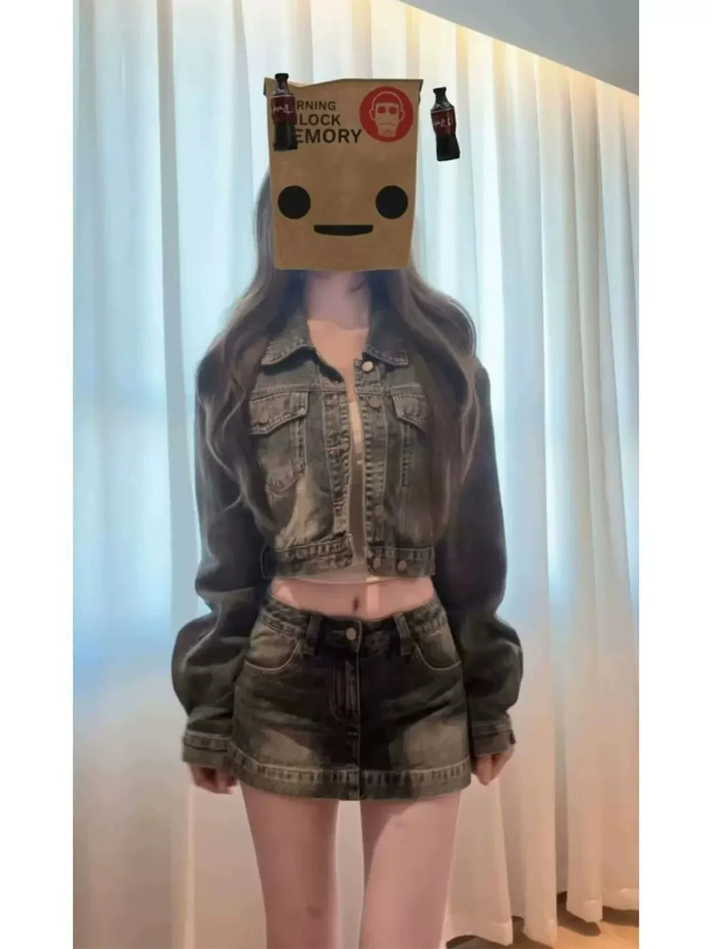Retro Hong Kong Style Washed Short Denim Jacket Women's Autumn 2026 Fashionable  Skirt Two-Piece Set High Waist Flip Collar