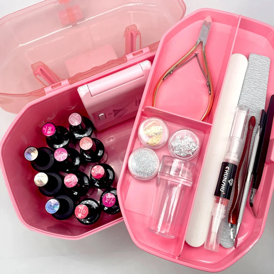 Pink Double-layer Nail Art Tool Container Empty Multi Functional Organizer Storage Box For Gel Nail Polish Clippers Nail Brush